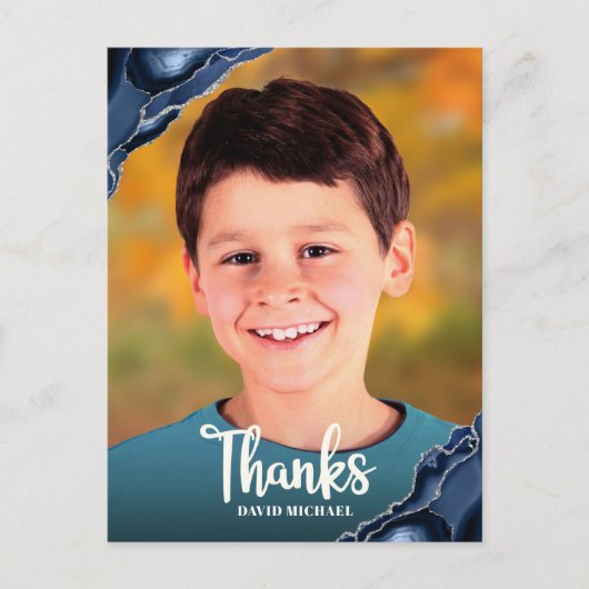 Bar Mitzvah Photo Navy Blue Agate Script Dank u Briefkaart (Voorkant)