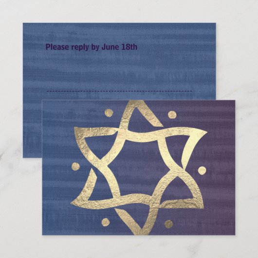 Bar Mitzvah Plum et Blue Wooden Gold Star RSVP (Devant / Derrière)