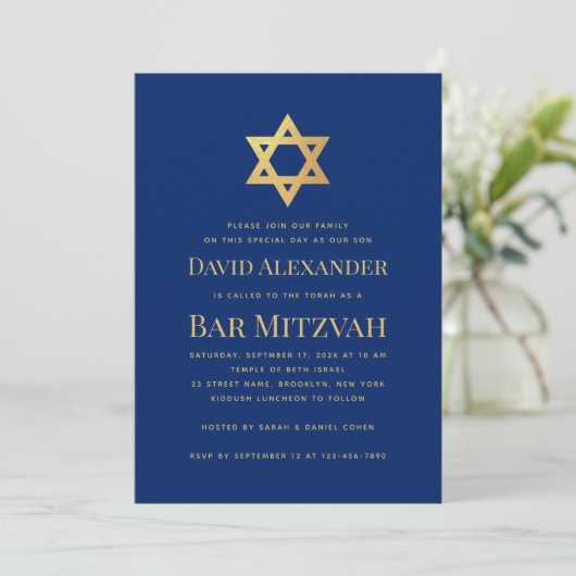 Bar Mitzvah Royal Blue Gold Star of David Simple Kaart (Staand voorkant)