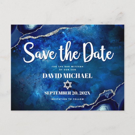 Bar Mitzvah Save the Date Navy Waterverf Agate Uitnodiging Briefkaart (Voorkant)