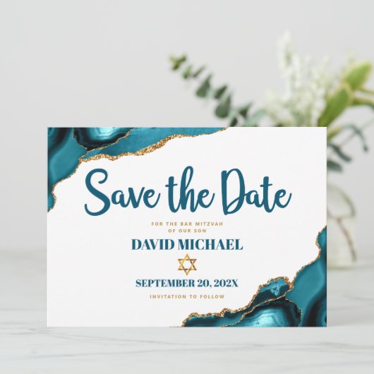 Bar Mitzvah Simple Modern Turquoise Agate Script Save The Date (Staand voorkant)