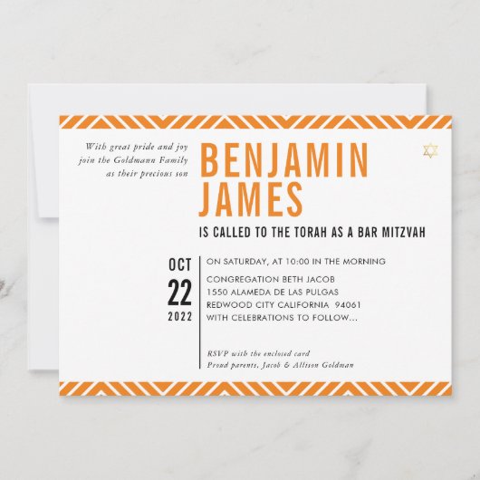 BAR MITZVAH simple moderne noir orange Invitation (Devant)
