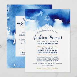 BAR MITZVAH sterrenmodern blauw waterverf uitnodig Kaart