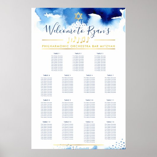 BAR MITZVAH TABEL PLAN gouden ster blauwe waterver Poster (Voorkant)
