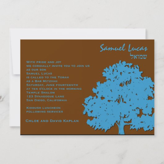 Bar Mitzvah Uitnodiging Samuel Lucas Blue Trees (Voorkant)