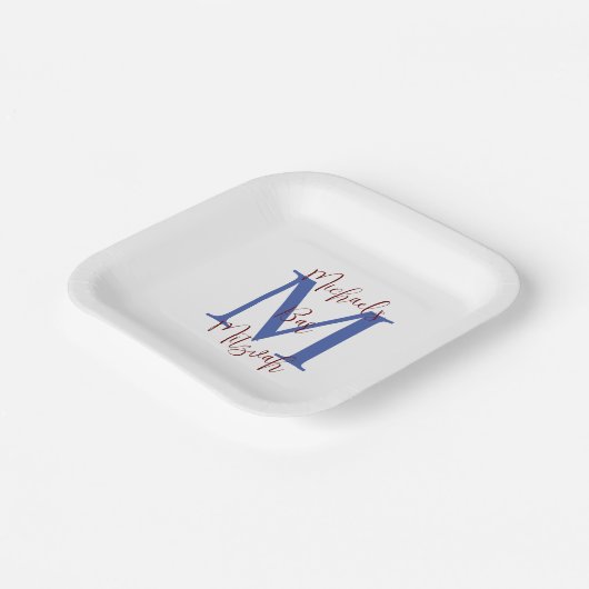 Bar Mitzvah Wit Blauw Bourgogne Naam Monogram Papieren Bordje (Gebogen)