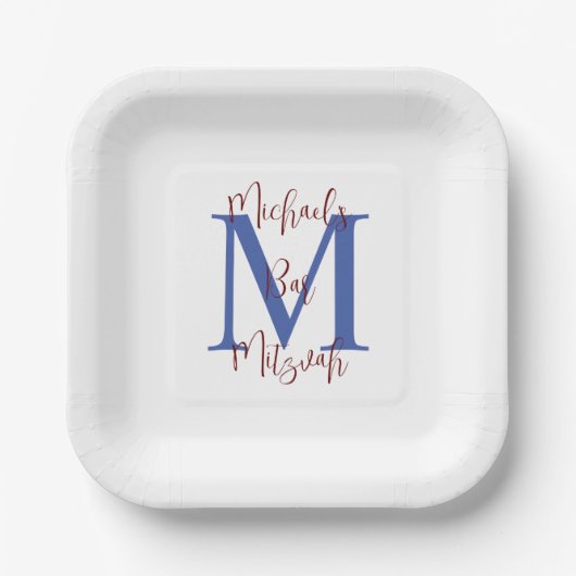 Bar Mitzvah Wit Blauw Bourgogne Naam Monogram Papieren Bordje (Voorkant)