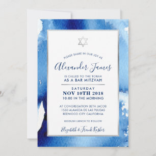 BAR MITZVAH zilveren ster blauw waterverf uitnodig Kaart