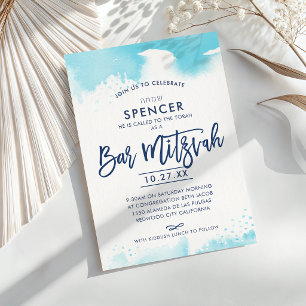BAR MITZWAH handgeschreven aqua waterverf Hebreeuw Kaart