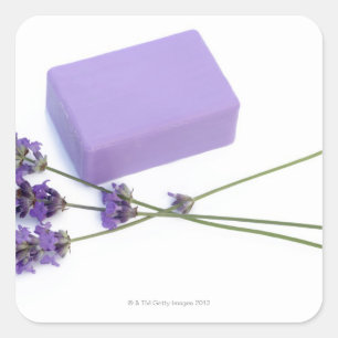 Bar van lavendelzeep gemaakt van 100% natuurlijke  vierkante sticker