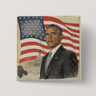 Barack Obama voor de Amerikaanse vlag en het Capit Vierkante Button 5,1 Cm