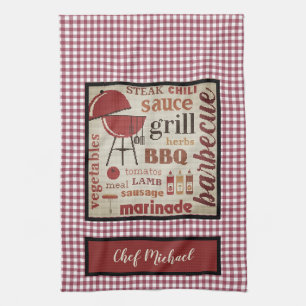 Barbecue Chef Red Gingham Check gepersonaliseerd Theedoek