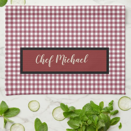 Barbecue Chef Red Gingham Check gepersonaliseerd Theedoek (Gevouwen)