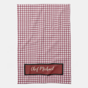 Barbecue Chef Red Gingham Check gepersonaliseerd Theedoek