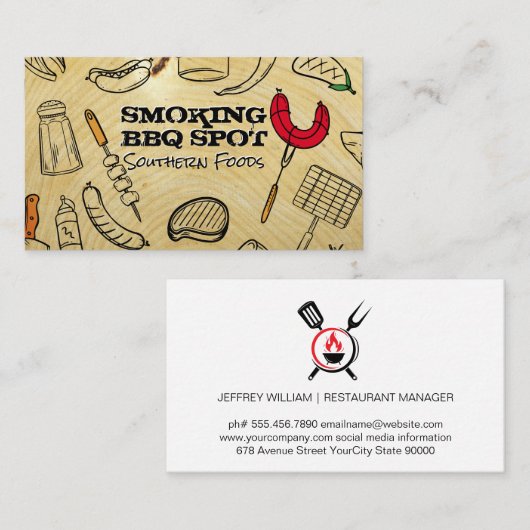 Barbecue Cooking Pattern | Wood Grain Background Visitekaartje (Voorkant / Achterkant)