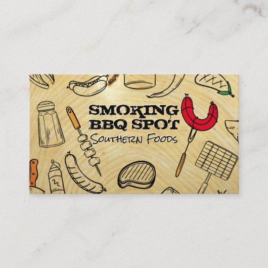 Barbecue Cooking Pattern | Wood Grain Background Visitekaartje (Voorkant)