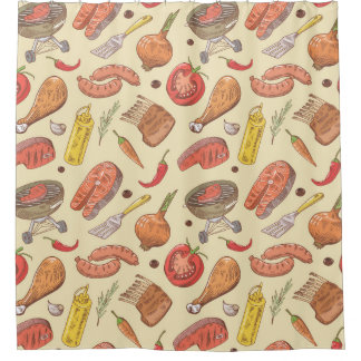 Barbecue, grill, handgetekende naadloze achtergron douchegordijn