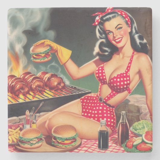  Barbecue Pin Up Stenen Onderzetter (Voorkant)