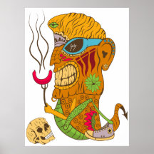 Barbecue Tiki Monster met worst en mensenschedel