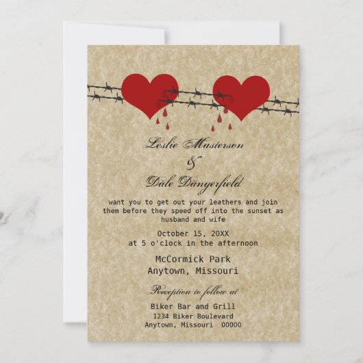Barbed Wire Hearts Tattoo Biker Wedding Invite Kaart (Voorkant)