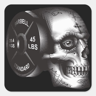 Barbell Bord en schedel - Workout Gym Motivatie Vierkante Sticker