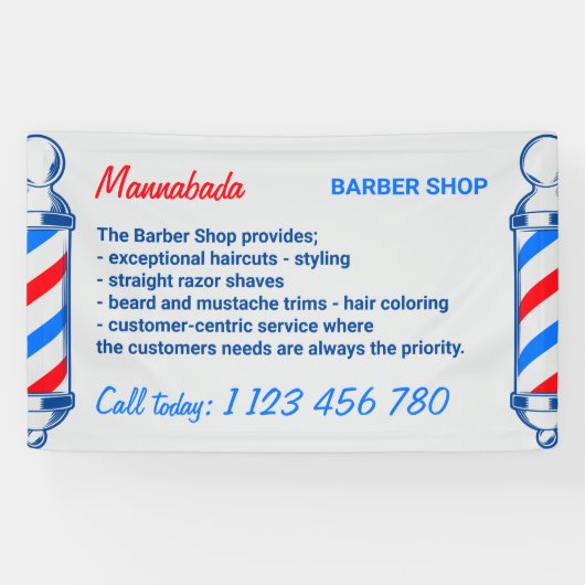 Barber Blue Navy Red Pole Supply Service Spandoek (Horizontaal)