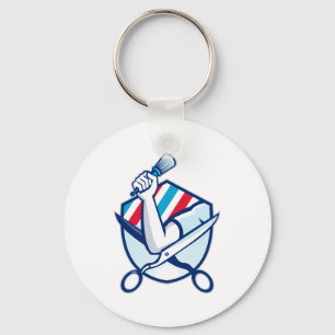 Barber Hand Holding Brush Scissors Shield Retro Sleutelhanger