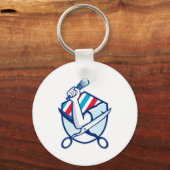 Barber Hand Holding Brush Scissors Shield Retro Sleutelhanger (Voorkant)