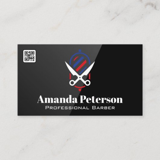 Barber Pole en Scissors Logo | QR-code Visitekaartje (Voorkant)