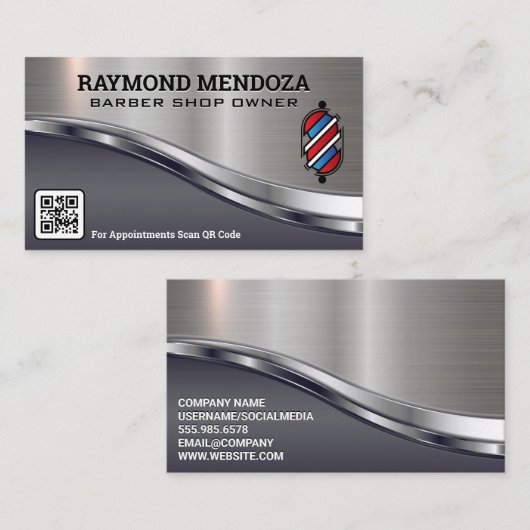 Barber Pole Logo | QR-code | Metaalglansmachine Visitekaartje (Voorkant / Achterkant)