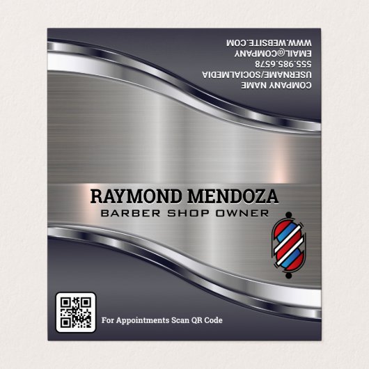 Barber Pole Logo | QR-code | Metaalglansmachine Visitekaartjes (Buitenkant ongevouwen)