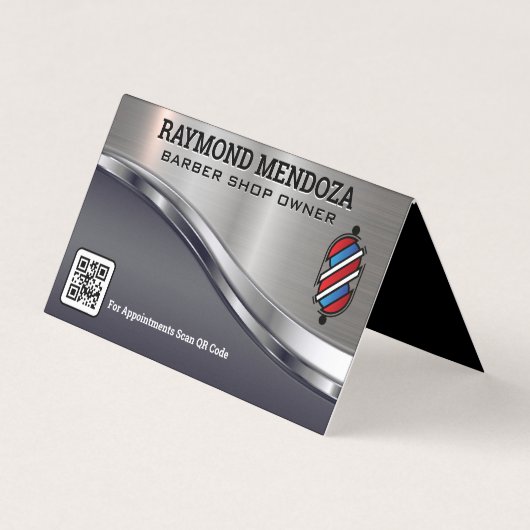 Barber Pole Logo | QR-code | Metaalglansmachine Visitekaartjes (Voorkant)