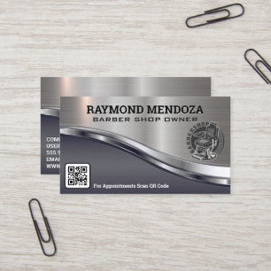Barber Pole Logo QR Code Metallic Sleek Visitekaartje