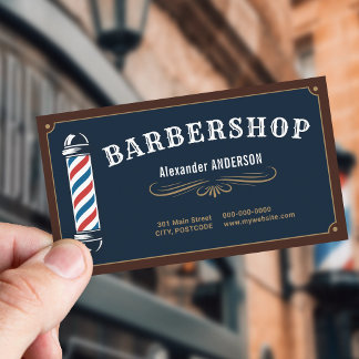 Barber Pole - Marineblauwe & Gouden Herensalon Visitekaartje