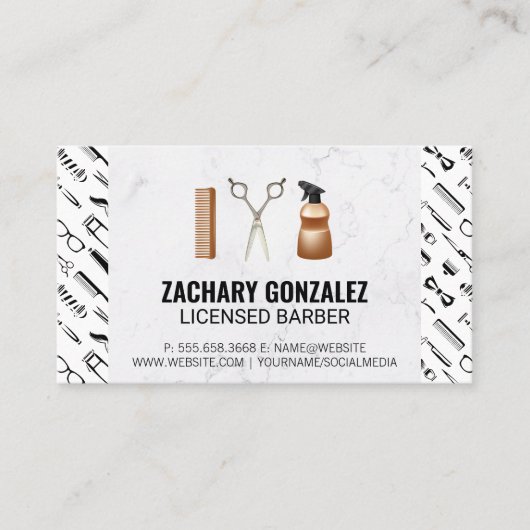Barber Tools Set | Barber Gereedschap Patroon Marm Klantenkaartje (Voorkant)