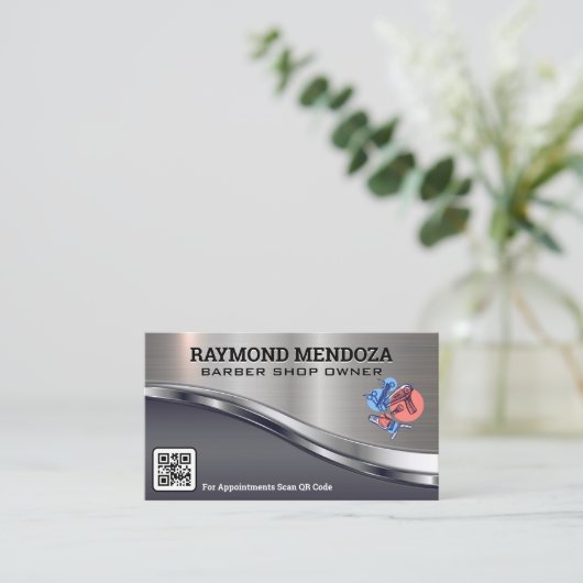 Barbergereedschap | QR-code | Metaal Visitekaartje (Staand voorkant)