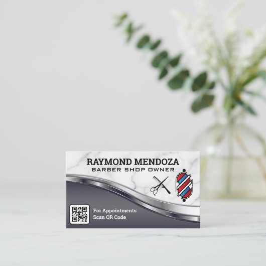 Barberpool en gereedschap | Metaal en marmer | QR Visitekaartje (Staand voorkant)