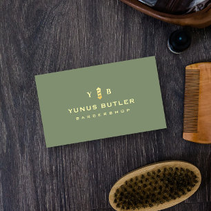 Barbershop Monogram Sage Green Gold Barber Pole Visitekaartje