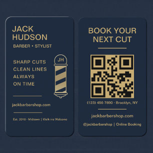 Barbershop Navy Blue Goud Kapsel QR Code Visitekaartje