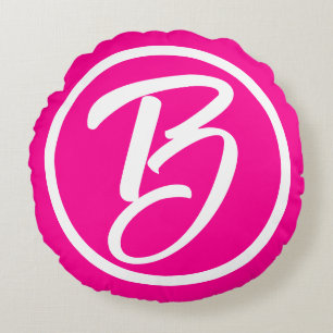 Barbiecore Heet Roze Wit Kalligrafie Monogram Rond Kussen
