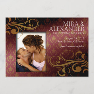 Barbizon Damask Scroll - dk roos Gold Wedding Kaart