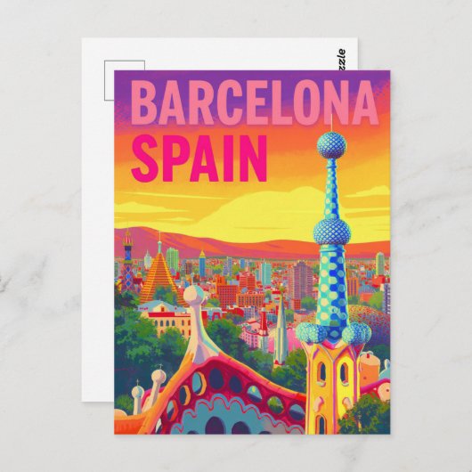 Barcelona Gaudi Sunset Retro Briefkaart (Voorkant / Achterkant)