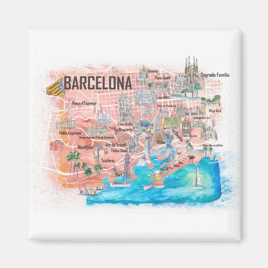 Barcelona geïllustreerd reisschema met wegen magneet (Voorkant)