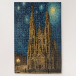 Barcelona Kathedraal 's Nachts in Van Gogh stijl Legpuzzel
