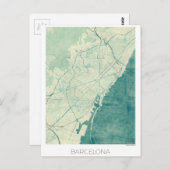 Barcelona Map Blue  Waterverf Briefkaart (Voorkant / Achterkant)