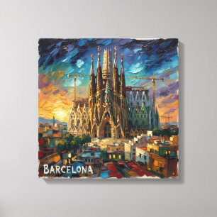 Barcelona Sagrada Zonsondergang Stadsgezicht Canva Canvas Afdruk