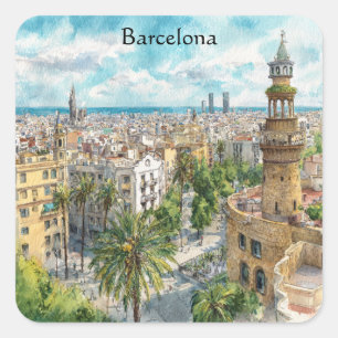 Barcelona Spanje Catalonië Stad Gezicht Olieverf Vierkante Sticker