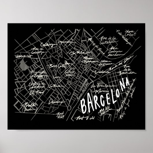 Barcelona Spanje Map Poster - Black  Style (Voorkant)