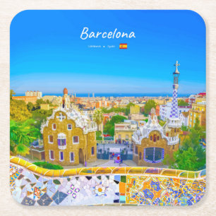Barcelona, Spanje - Park Guell Gaudi Mozaïek Vierkante Kartonnen Onderzetter