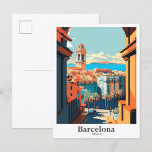 Barcelona Spanje Reizen Kunst Vintage Illustratie Briefkaart